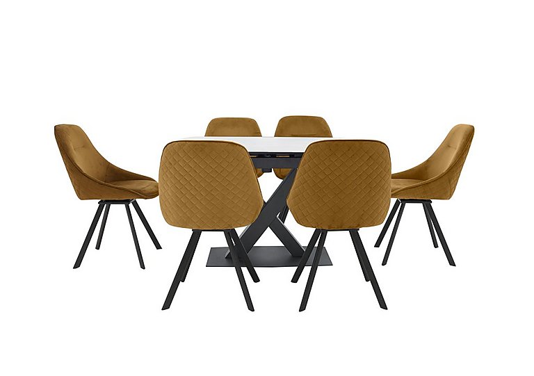 Arctic Extending Dining Table with White Top and 6 Swivel Chairs - Mustard Velvet