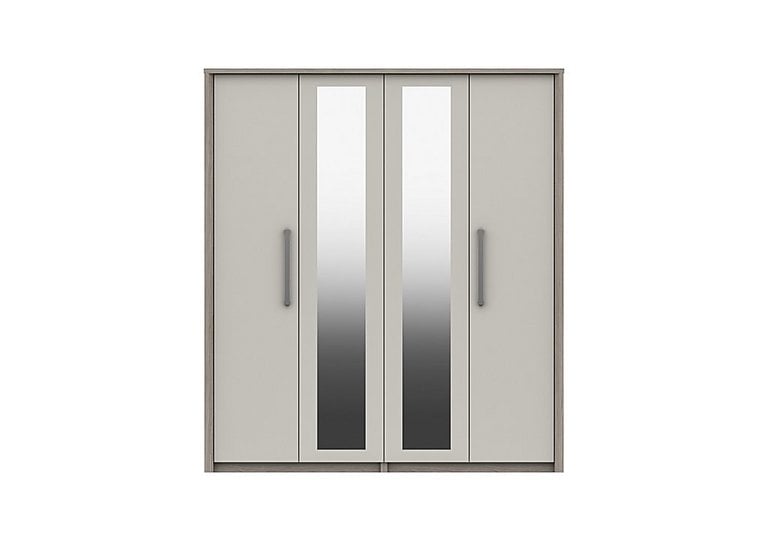 London Bedrooms  Euston 4 Door Wardrobe with Mirrors  Grey OakWhite Grey Gloss | Bed Sava