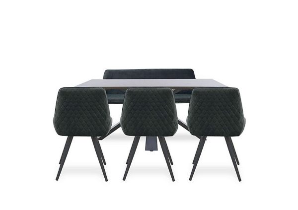 Saigon Fixed Table with Metal Base and 3 Green Velvet Dining Chairs and a Green Velvet Dining Bench | Bed Sava