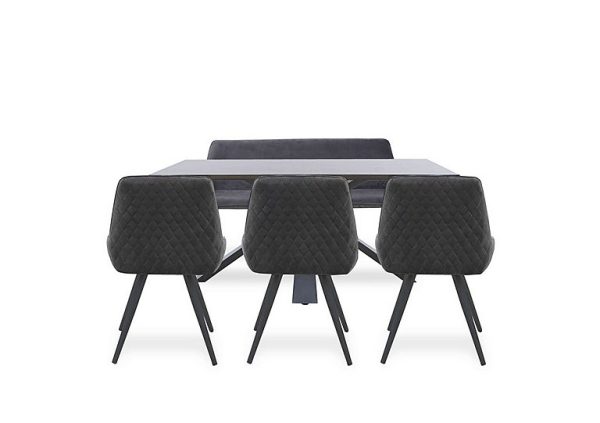 Saigon Fixed Table with Metal Base and 3 Velvet Dining Chairs and a Velvet Dining Bench | Bed Sava
