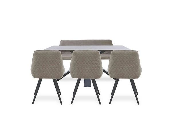 Saigon Fixed Table with Metal Base and 3 Taupe Velvet Dining Chairs and a Taupe Velvet Dining Bench | Bed Sava