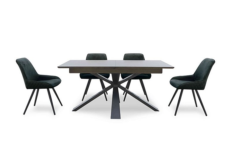 Saigon Extending Table with Metal Base and 4 Green Velvet Dining Chairs - Forest