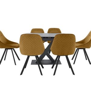 Arctic Extending Dining Table with Graphite Top and 6 Swivel Chairs  Mustard Velvet | Bed Sava