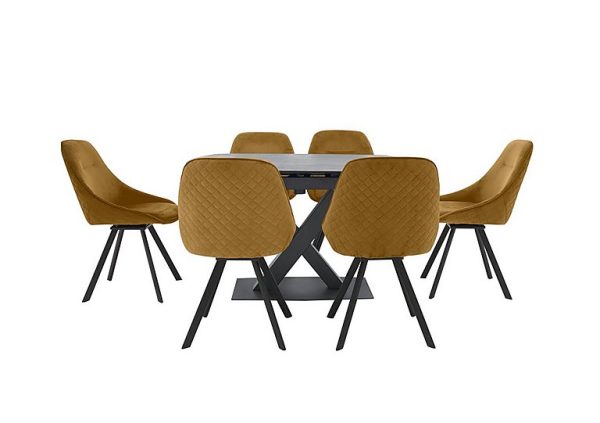 Arctic Extending Dining Table with Graphite Top and 6 Swivel Chairs  Mustard Velvet | Bed Sava