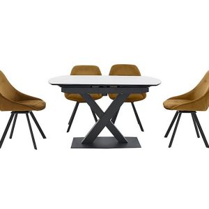 Arctic Extending Dining Table with White Top and 4 Swivel Chairs  Mustard Velvet | Bed Sava