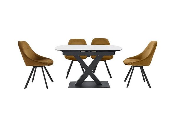 Arctic Extending Dining Table with White Top and 4 Swivel Chairs  Mustard Velvet | Bed Sava