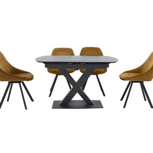 Arctic Extending Dining Table with Graphite Top and 4 Swivel Chairs  Mustard Velvet | Bed Sava