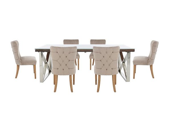 Chennai Dining Table with X Leg Base and 6 Luxe Chairs  220 cm  Taupe | Bed Sava