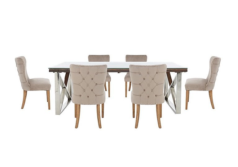Chennai Dining Table with X-Leg Base and 6 Luxe Chairs - 220-cm - Taupe