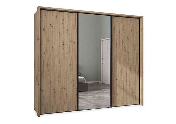Wiemann  Dallas 260cm 3 Door Sliding Wardrobe with Centre Mirror Door  Bianco Oak | Bed Sava