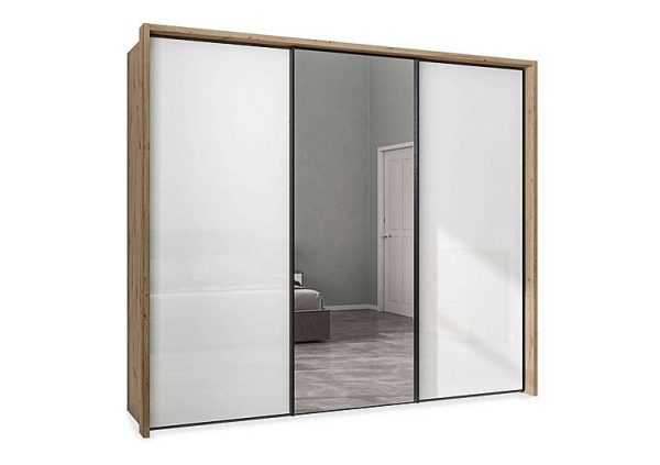 Wiemann  Dallas 260cm 3 Door Sliding Glass Wardrobe with Centre Mirror Door  Bianco Oak and White | Bed Sava