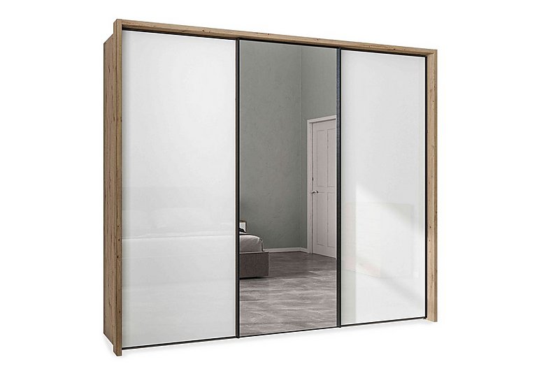 Wiemann - Dallas 260cm 3 Door Sliding Glass Wardrobe with Centre Mirror Door - Bianco Oak and White
