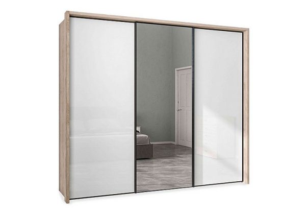 Wiemann  Dallas 260cm 3 Door Sliding Glass Wardrobe with Centre Mirror Door  Holm Oak and White | Bed Sava