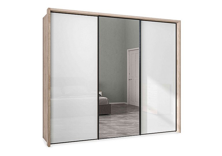 Wiemann - Dallas 260cm 3 Door Sliding Glass Wardrobe with Centre Mirror Door - Holm Oak and White