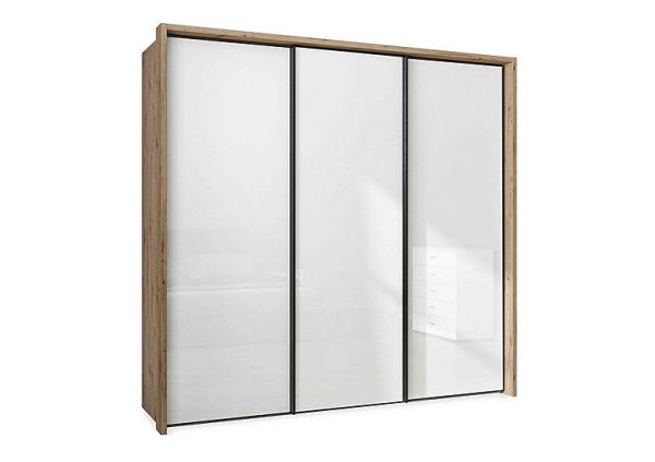 Wiemann  Dallas 235cm 3 Door Sliding Glass Wardrobe  Bianco Oak and White | Bed Sava