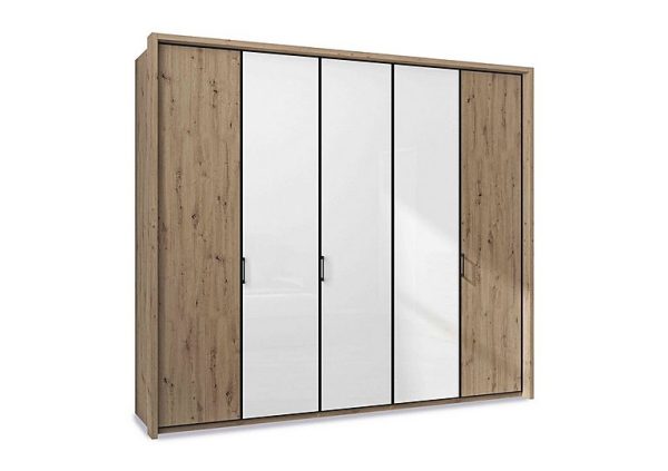 Wiemann  Dallas 257cm 5 Door Hinged Wardrobe with 3 Glass Doors  Bianco Oak and White | Bed Sava