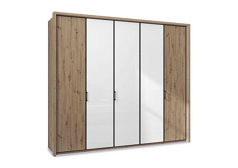 Wiemann - Dallas 257cm 5 Door Hinged Wardrobe with 3 Glass Doors - Bianco Oak and White