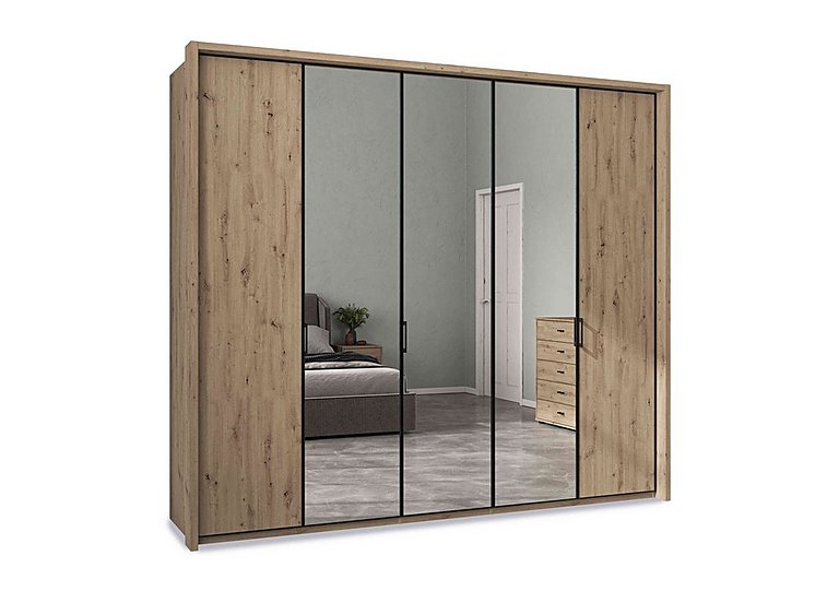 Wiemann - Dallas 257cm 5 Door Hinged Wardrobe with 3 Mirrors Doors - Bianco Oak