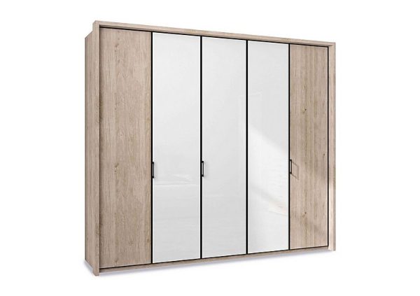 Wiemann  Dallas 257cm 5 Door Hinged Wardrobe with 3 Glass Doors  Holm Oak and White | Bed Sava