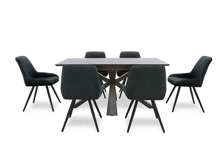 Saigon Extending Table with Wooden Base and 6 Green Velvet Dining Chairs - Forest
