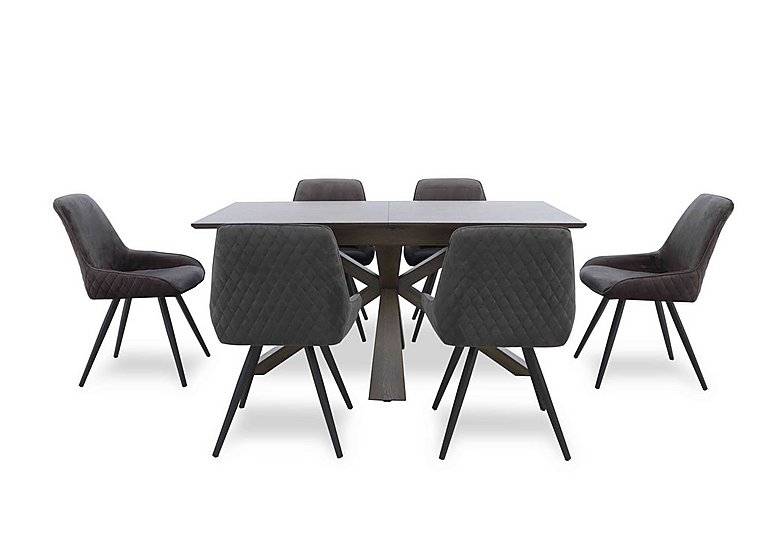 Saigon Extending Table with Wooden Base and 6 Velvet Dining Chairs - Granite