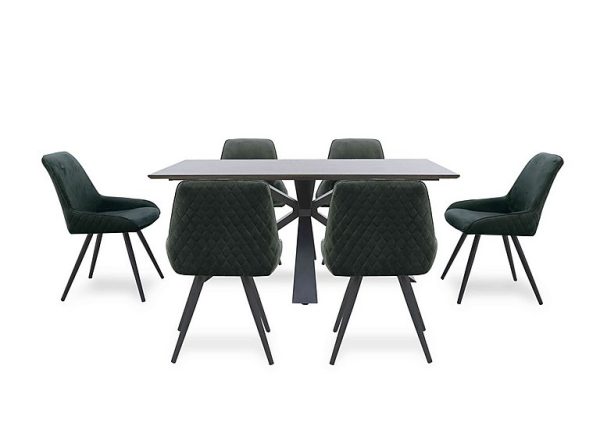 Saigon Fixed Table with Metal Base and 6 Green Velvet Dining Chairs  Forest | Bed Sava