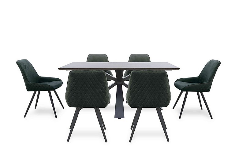 Saigon Fixed Table with Metal Base and 6 Green Velvet Dining Chairs - Forest