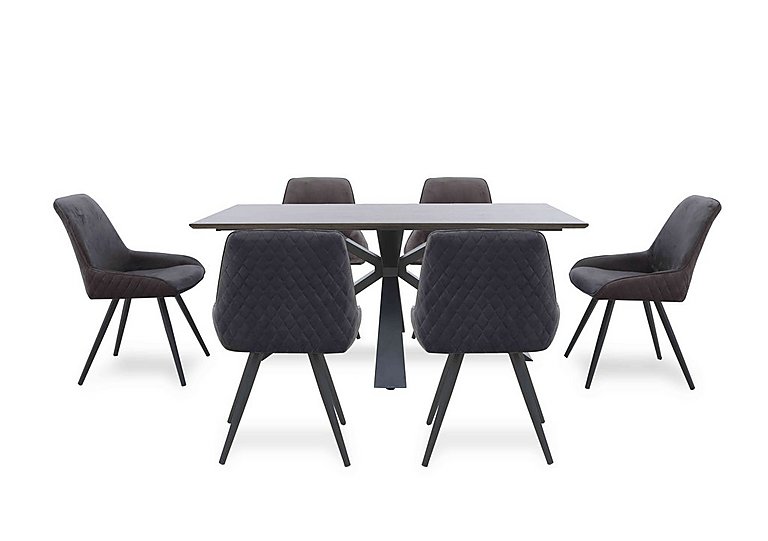 Saigon Fixed Table with Metal Base and 6 Velvet Dining Chairs - Granite