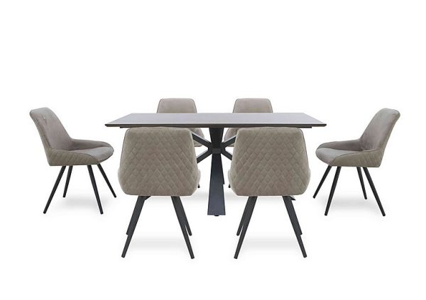 Saigon Fixed Table with Metal Base and 6 Taupe Velvet Dining Chairs  Taupe | Bed Sava