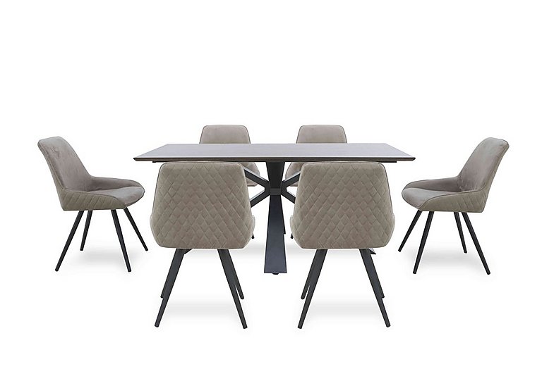 Saigon Fixed Table with Metal Base and 6 Taupe Velvet Dining Chairs - Taupe