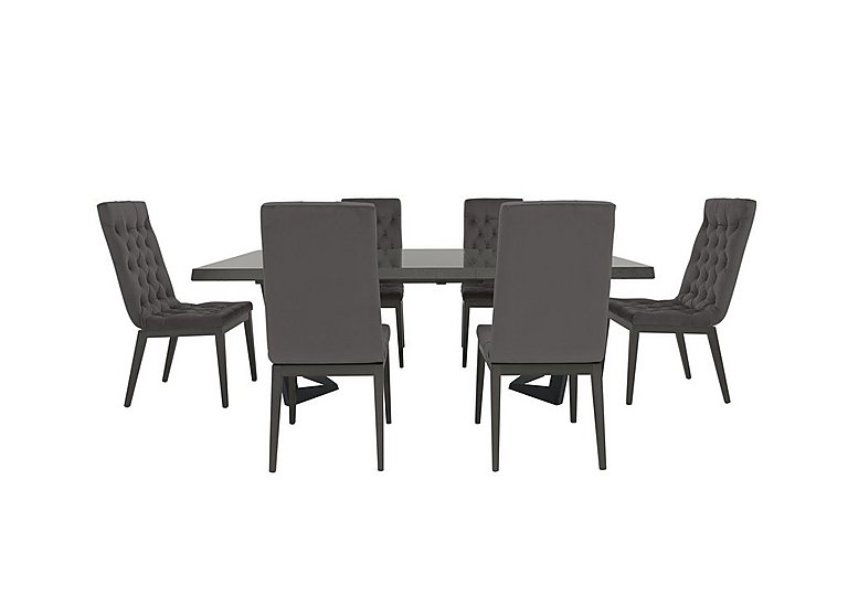 Palazzo 200cm Extending Dining Table in Silver Birch with 6 Capitonne Buttoned Chairs - Aquos Dark Grey