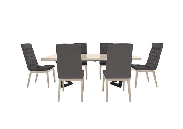 Palazzo 200cm Extending Dining Table in Sand Birch with 6 Capitonne Buttoned Chairs  Aquos Dark Grey | Bed Sava