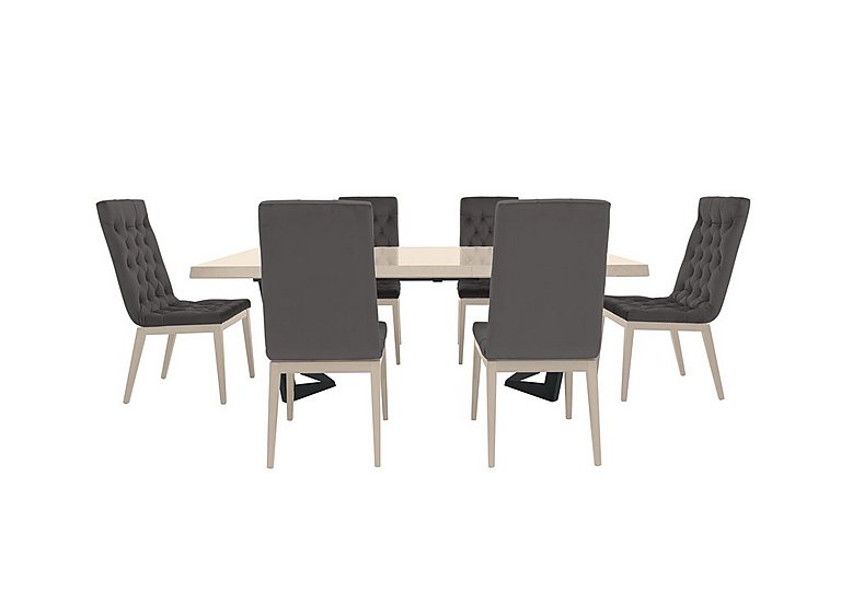 Palazzo 200cm Extending Dining Table in Sand Birch with 6 Capitonne Buttoned Chairs - Aquos Dark Grey