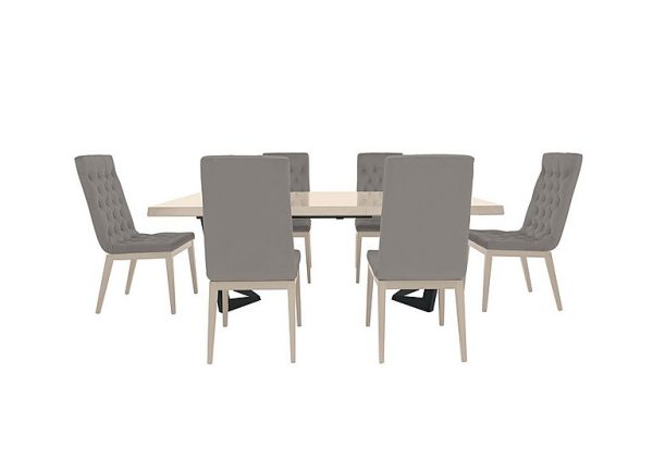 Palazzo 200cm Extending Dining Table in Sand Birch with 6 Capitonne Buttoned Chairs  Scarlet Silver | Bed Sava