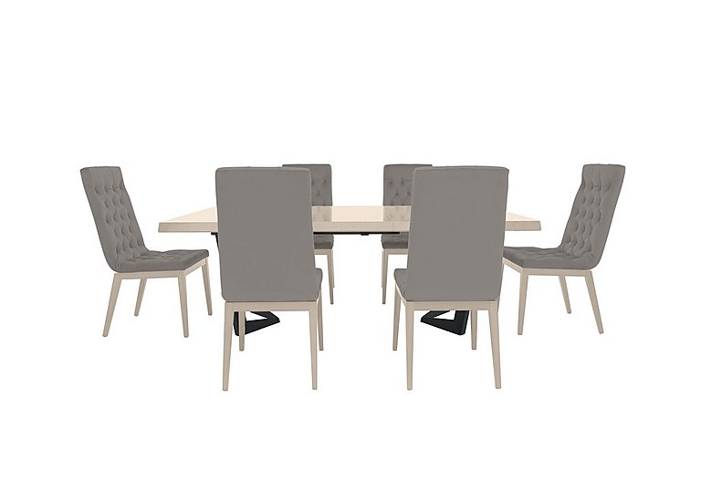 Palazzo 200cm Extending Dining Table in Sand Birch with 6 Capitonne Buttoned Chairs - Scarlet Silver