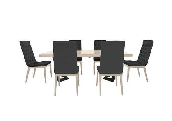 Palazzo 200cm Extending Dining Table in Sand Birch with 6 Capitonne Buttoned Chairs  Scarlet Dark Grey | Bed Sava