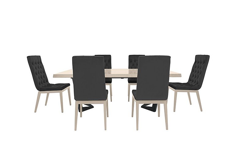 Palazzo 200cm Extending Dining Table in Sand Birch with 6 Capitonne Buttoned Chairs - Scarlet Dark Grey