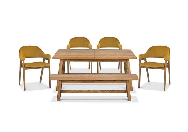 Stratford Small Extending Dining Table with Bench and 4 Fabric Dining Arm Chairs  Mustard Velvet | Bed Sava
