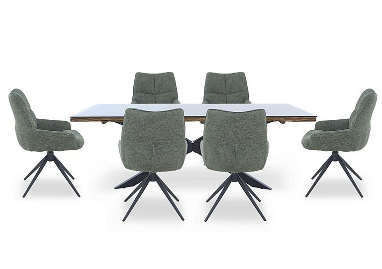 Kiara Large Rectangular Dining Table with Black Legs and 6 Swivel Fabric Chairs - Forest