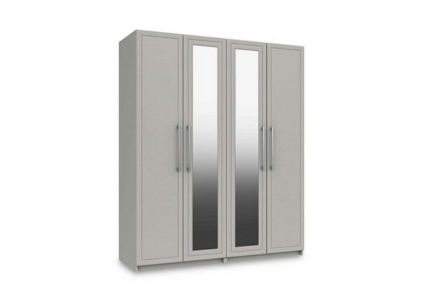 London Bedrooms  Bexley 4 Door Wardrobe With 2 Mirror Doors  Light Grey Gloss | Bed Sava