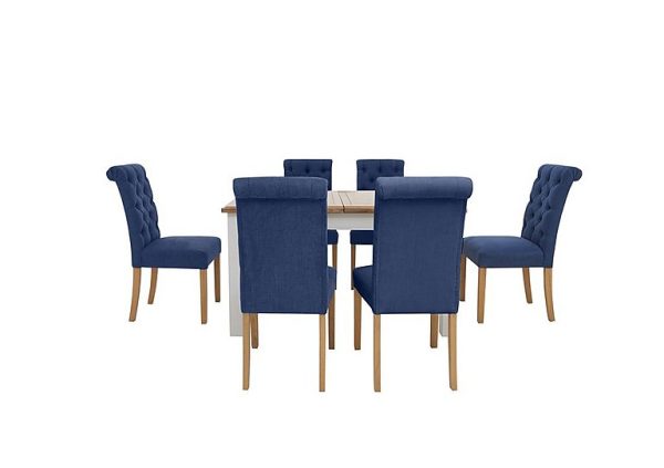 Furnitureland  Hamilton Rectangular Extending Dining Table and 6 Button Back Chairs  Denim | Bed Sava