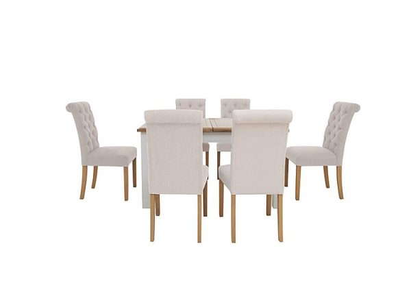 Furnitureland  Hamilton Rectangular Extending Dining Table and 6 Button Back Chairs  Taupe | Bed Sava
