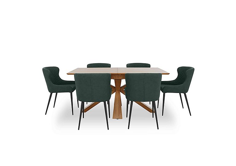 Hanoi Extending Table with Wooden Base and 6 Faux Leather Dining Chairs - Bottle Green