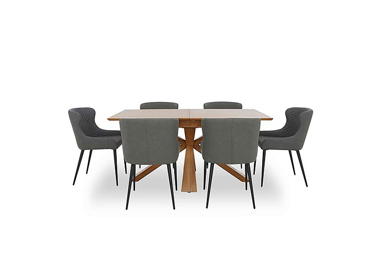 Hanoi Extending Table with Wooden Base and 6 Faux Leather Dining Chairs - Slate Grey