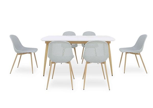 Jonah Extending Dining Table with 6 Trellis Plastic Chairs  125 cm  Light Grey | Bed Sava
