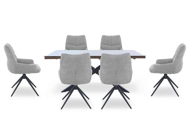 Kiara Small Rectangular Dining Table with Black Legs and 6 Swivel Fabric Chairs  Taupe | Bed Sava