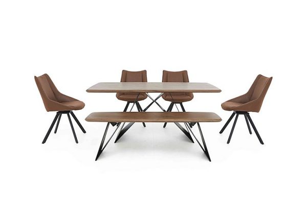 Lucio 170cm Dining Table with 150cm Bench and 4 Faux Leather Swivel Chairs  Brown | Bed Sava