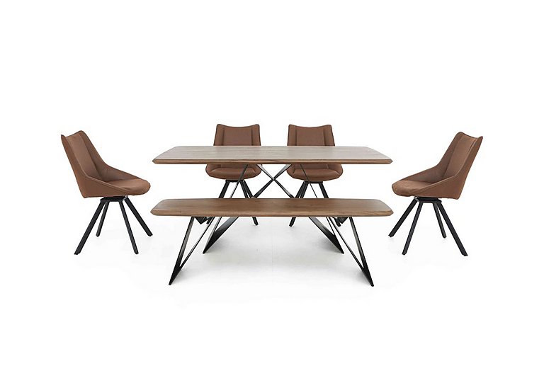 Lucio 170cm Dining Table with 150cm Bench and 4 Faux Leather Swivel Chairs - Brown
