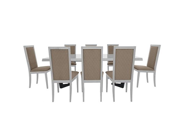 Palazzo 160cm Extending Dining Table in Glossy White with 8 Rombi Chairs  Aquos Taupe | Bed Sava