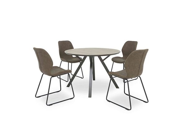 Pedro Round Dining Table with 4 Faux Leather Ski Leg Chairs  Light Brown | Bed Sava